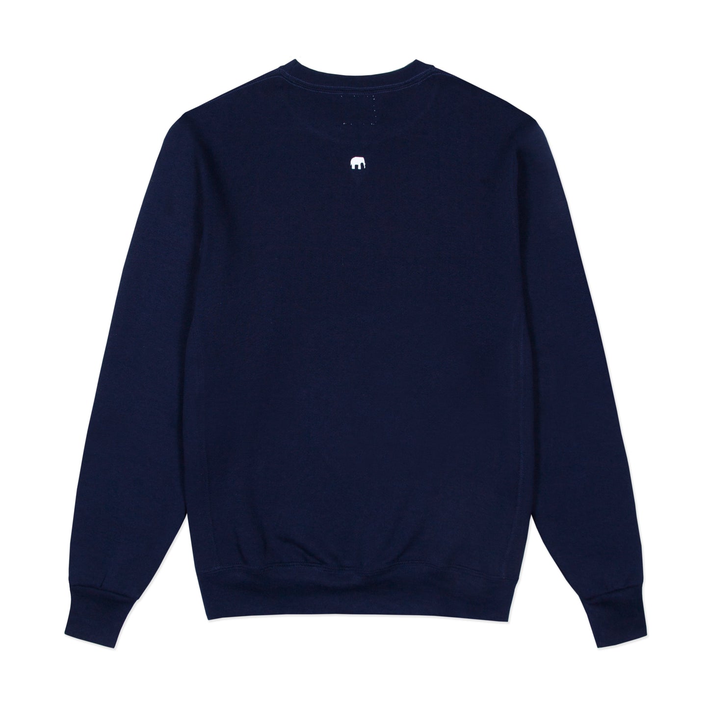 Navy crewneck sweatshirt with the "LFANT" logo of an elephant on the back.