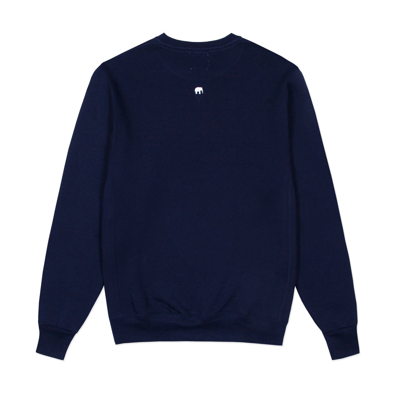 Navy crewneck sweatshirt with the "LFANT" logo of an elephant on the back.