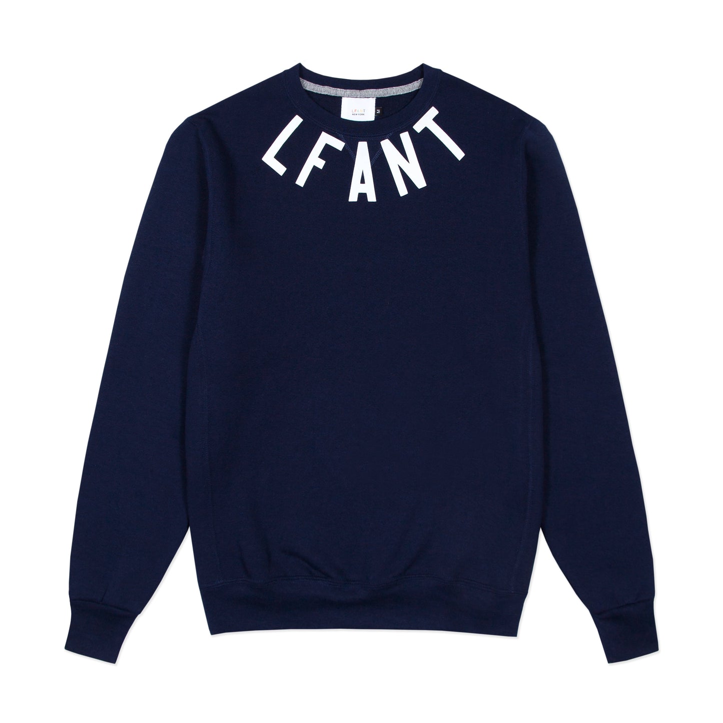Navy crewneck sweatshirt with "LFANT" printed around the collar.