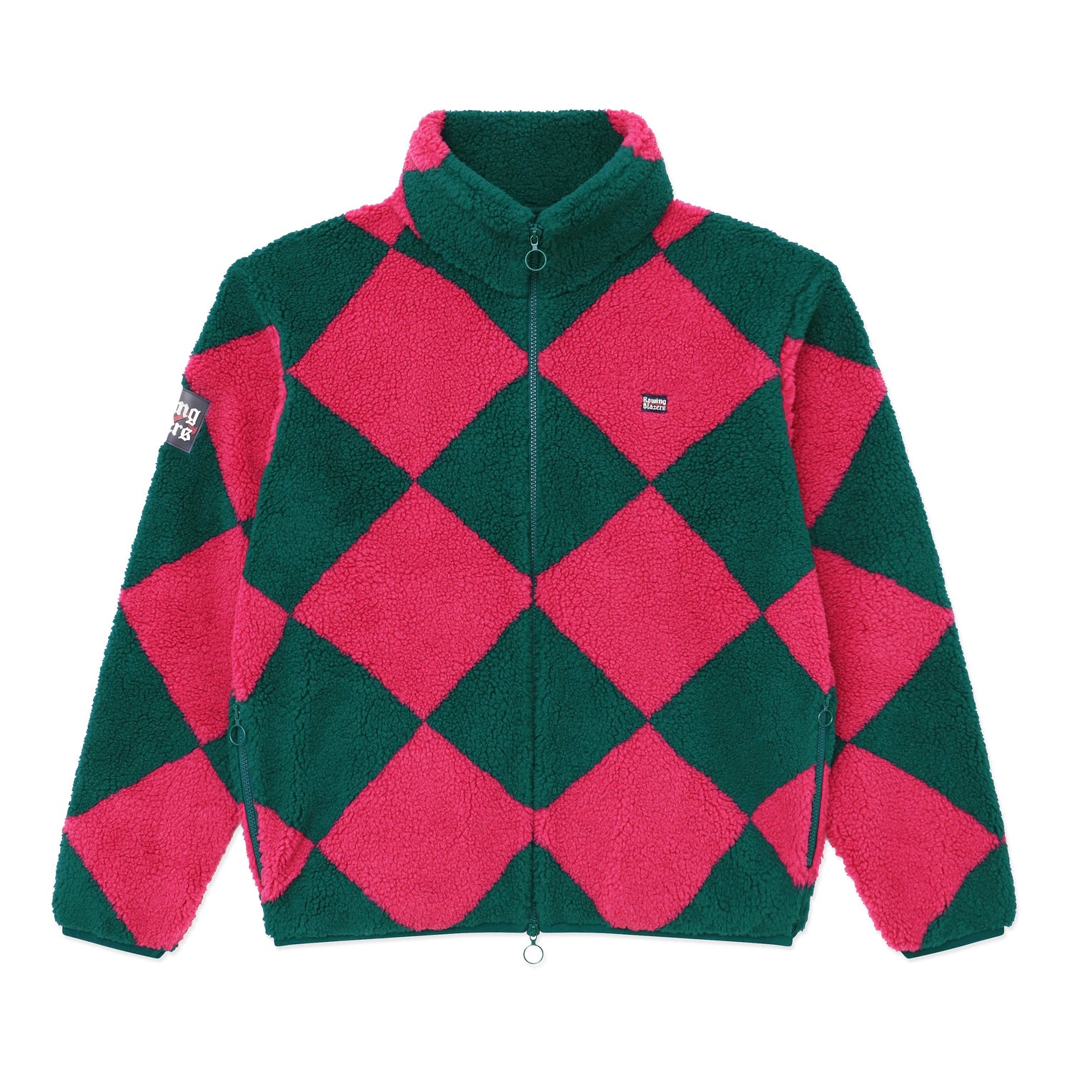 Sherpa fleece in a jockey-inspired, pieced, pink and green harlequin pattern.
