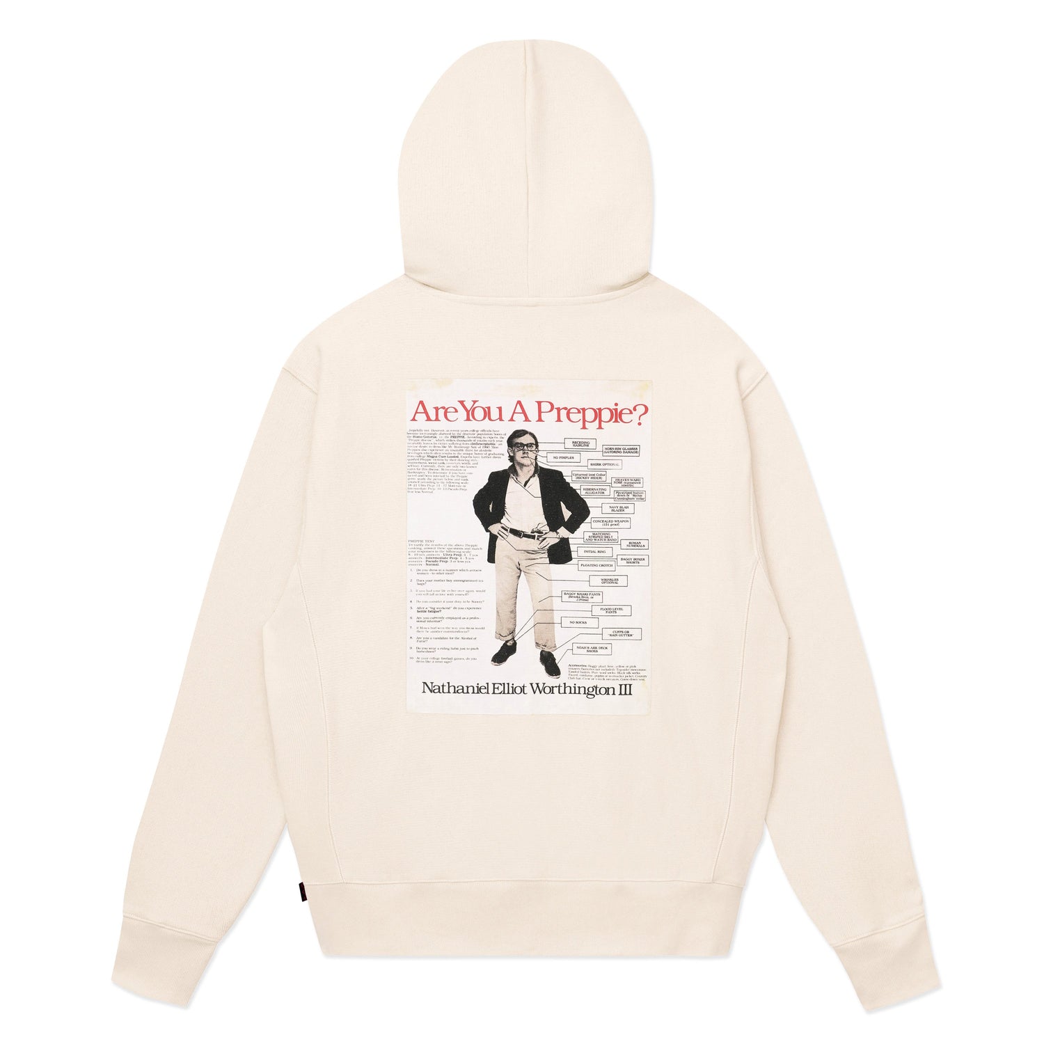 Back of cream hoodie, screenprinted with the "Are You a Preppie?" poster.