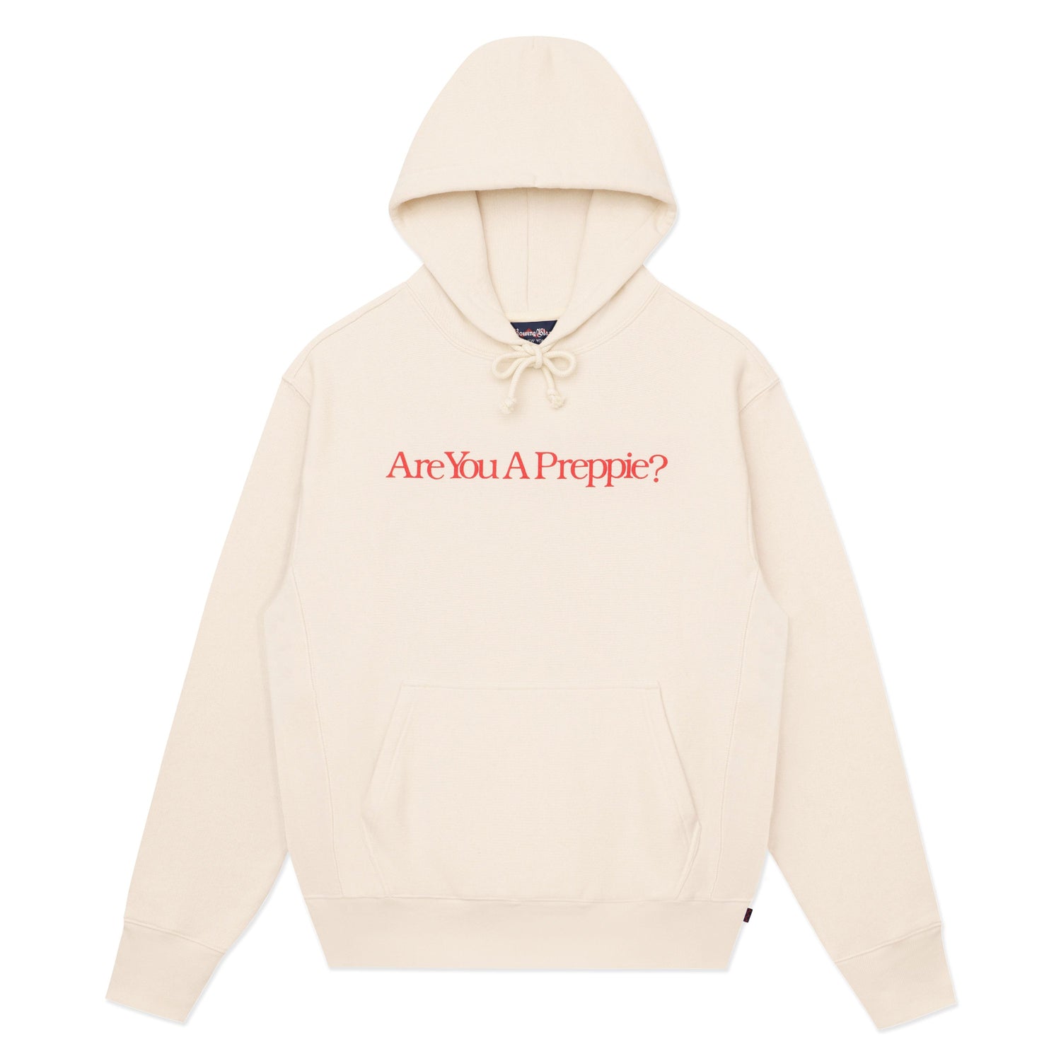 Front of cream hoodie with "Are You a Preppie?" across the chest.