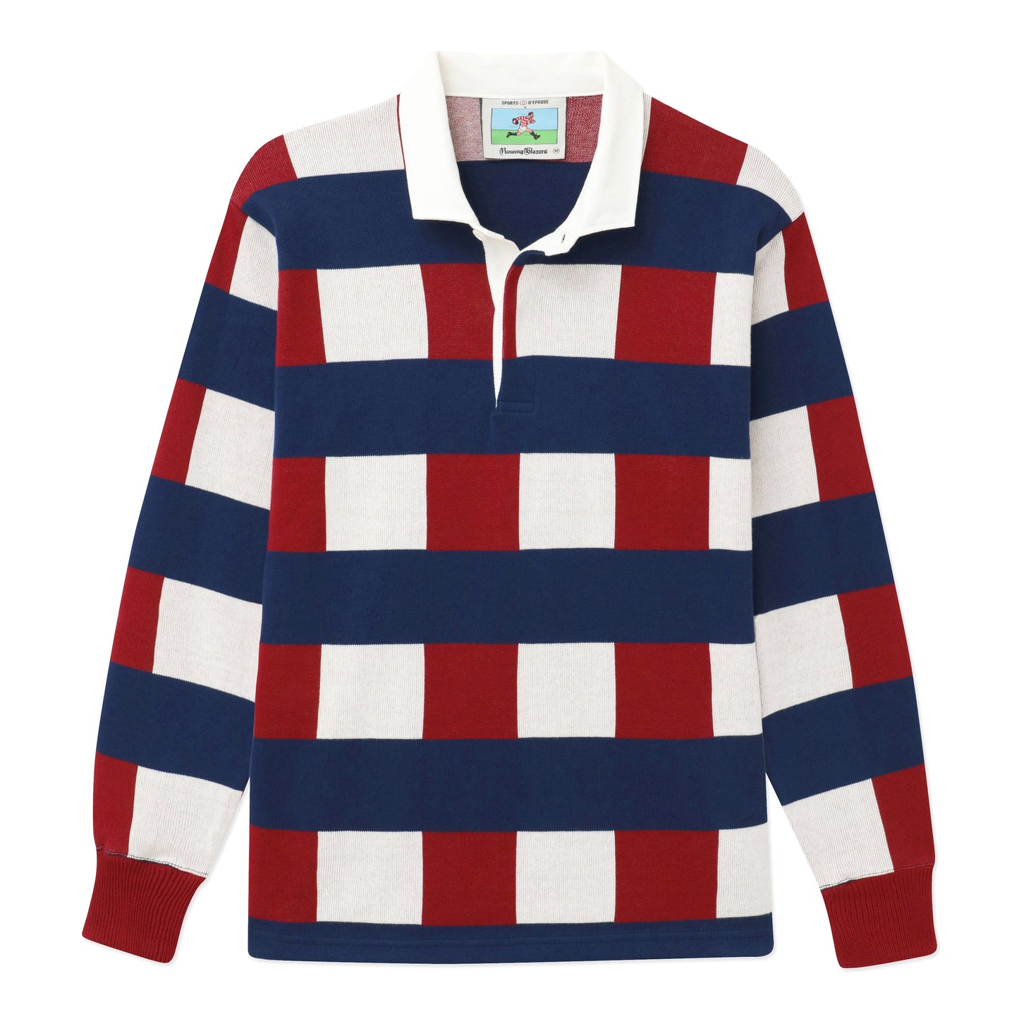 Blue, red, white jacquard rugby.