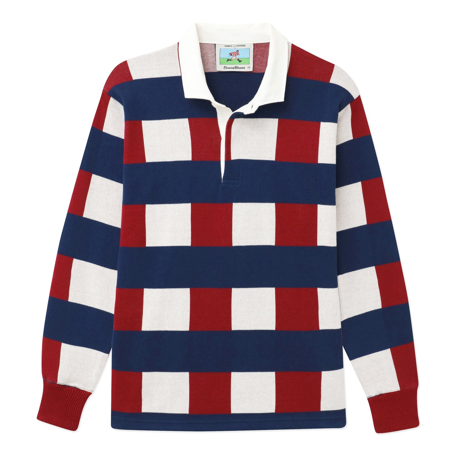 Blue, red, white jacquard rugby.