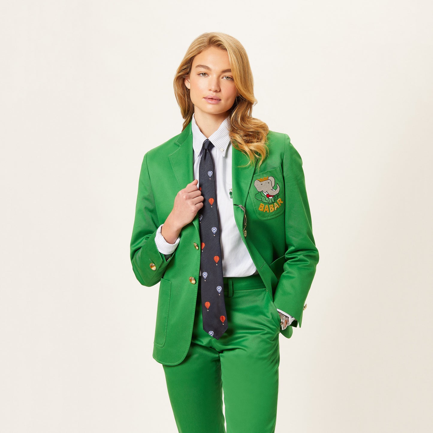 Female model wearing the Babar Balloons Tie.