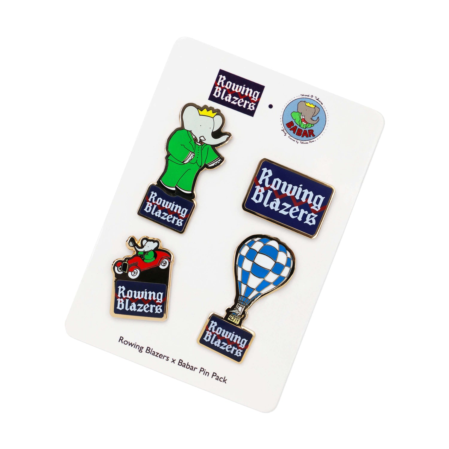 Set of 4 enamel Babar themed pins: Babar the elephant, Babar in a car, a hot air balloon, and the Rowing Blazers logo.