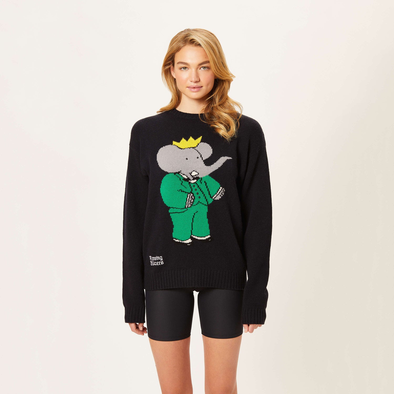 Female model wearing the Babar Cashmere Sweater.