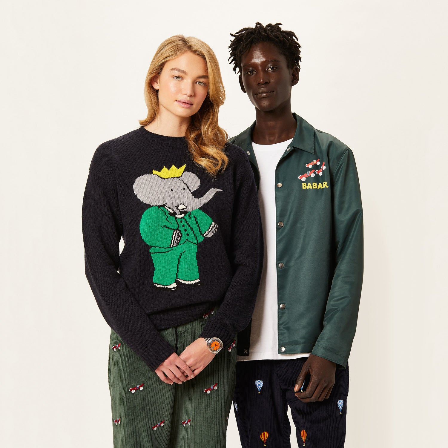 Models wearing the Rowing Blazers x Babar collection.