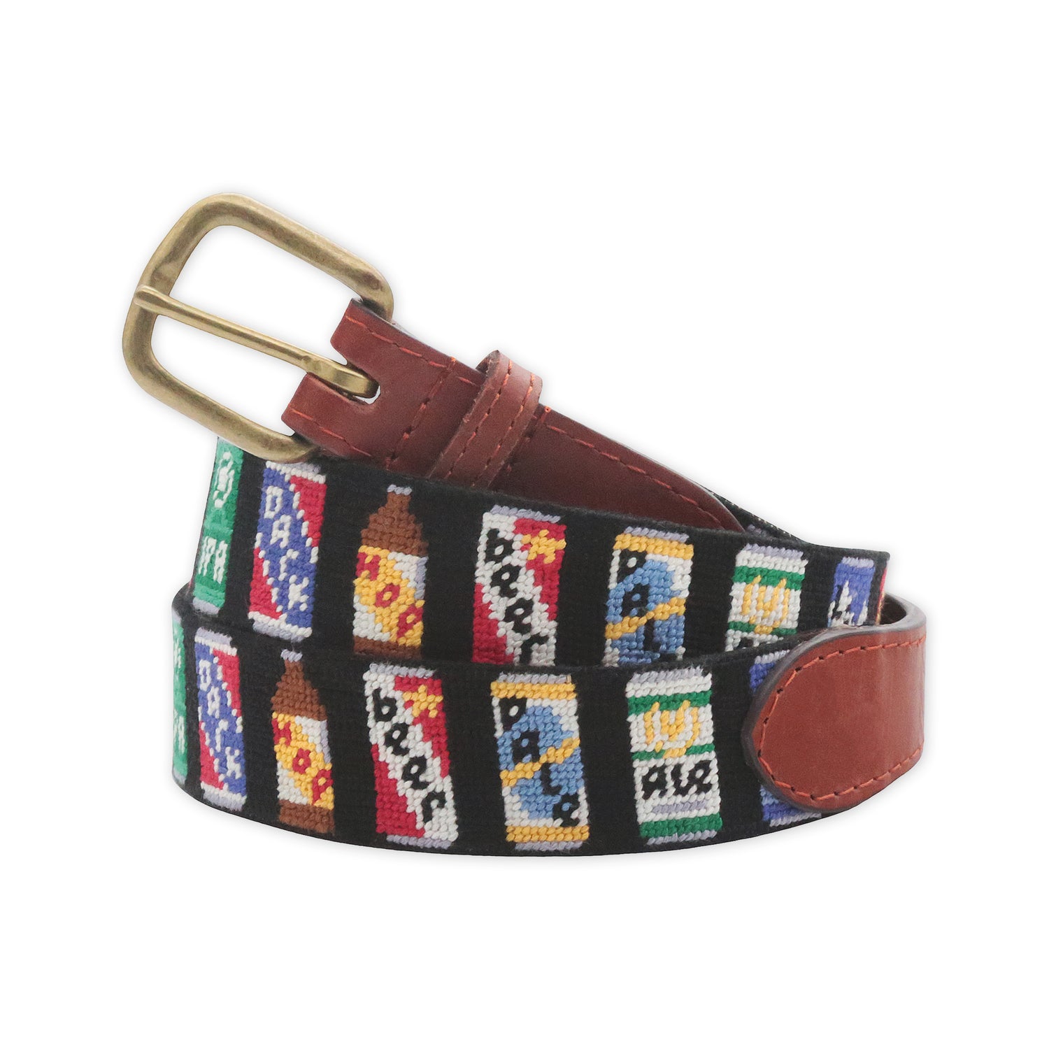 Belt with beer can motif.