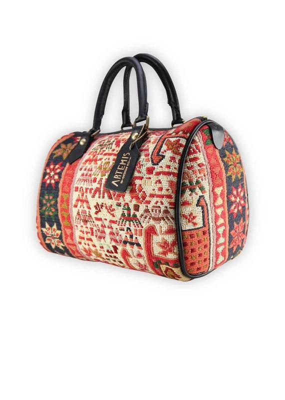 One of a kind mini duffle bag handmade from Turkish carpets.