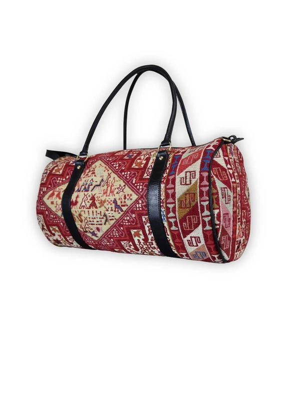 One of a kind travel duffle bag handmade from Turkish carpets.