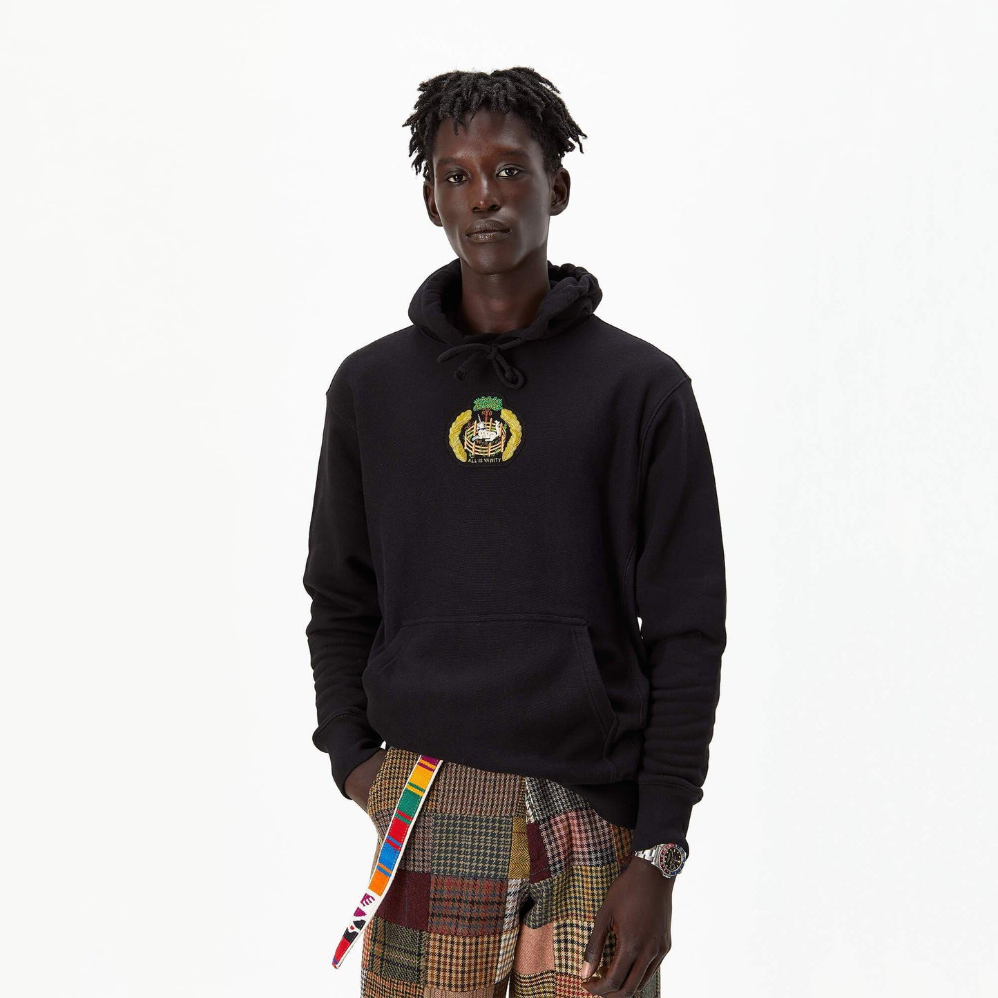 Male model wearing the "All is Vanity" Unicorn Hoodie.