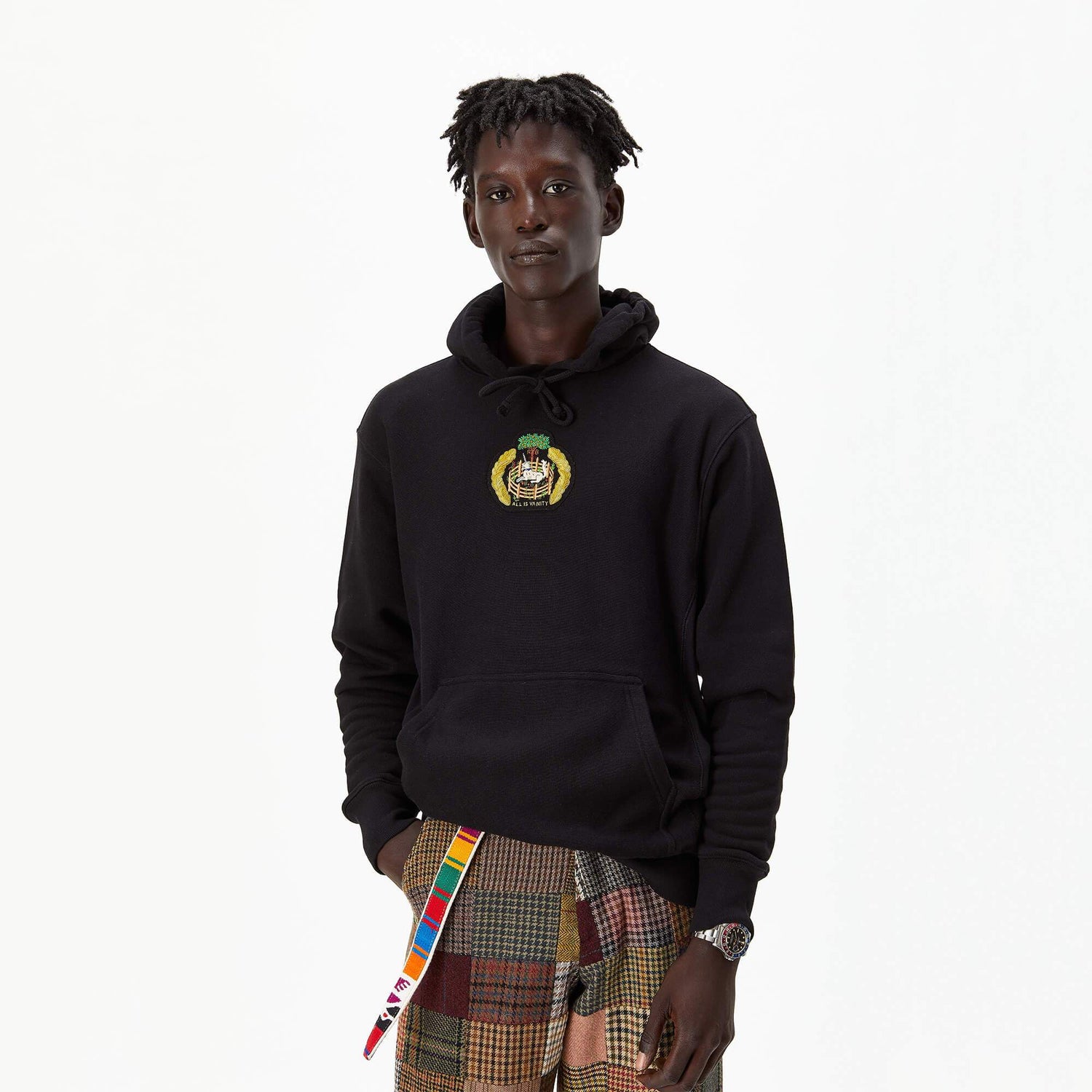 Male model wearing the "All is Vanity" Unicorn Hoodie.