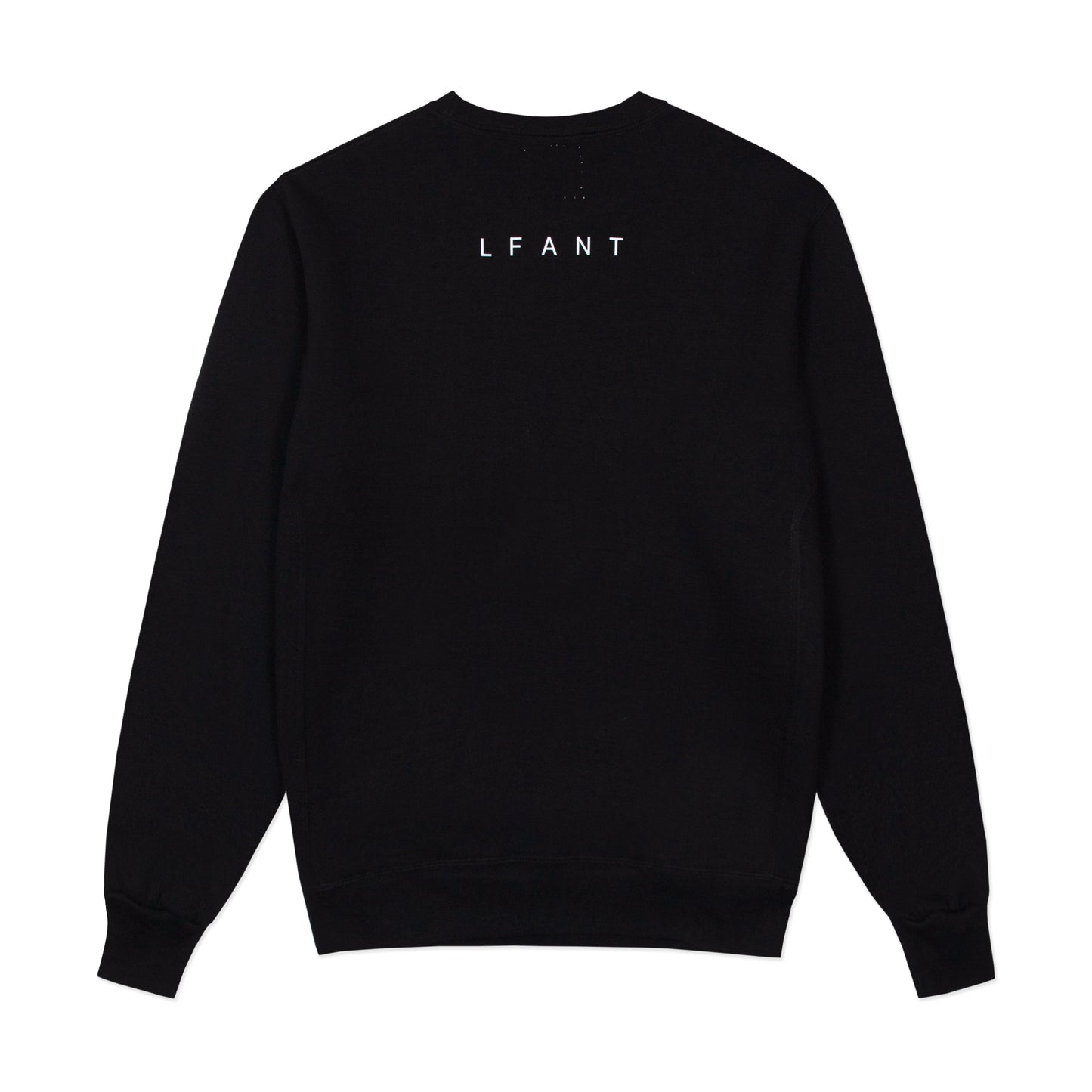 Black crewneck sweatshirt with "LFANT" on the back.