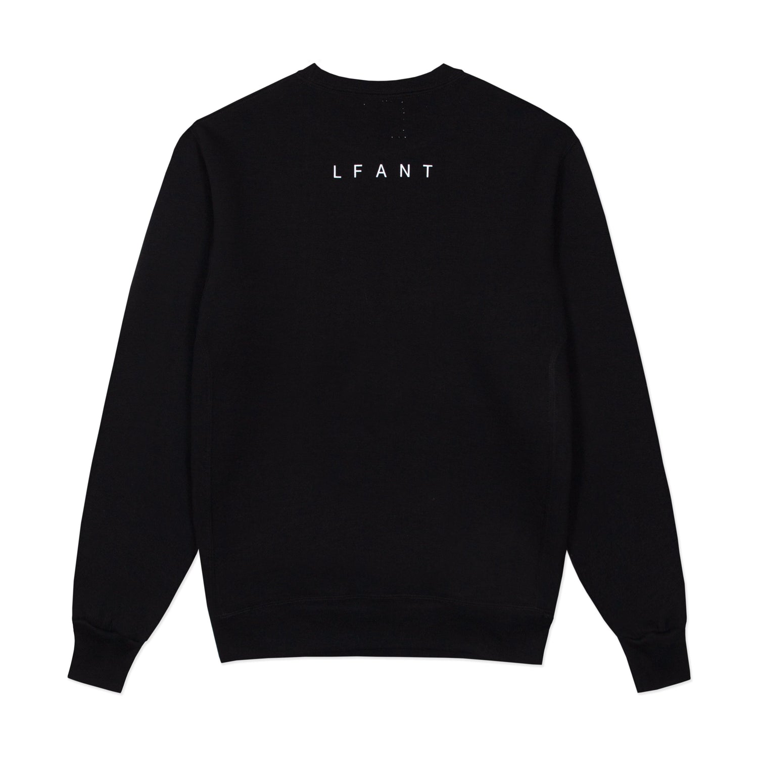 Black crewneck sweatshirt with "LFANT" on the back.