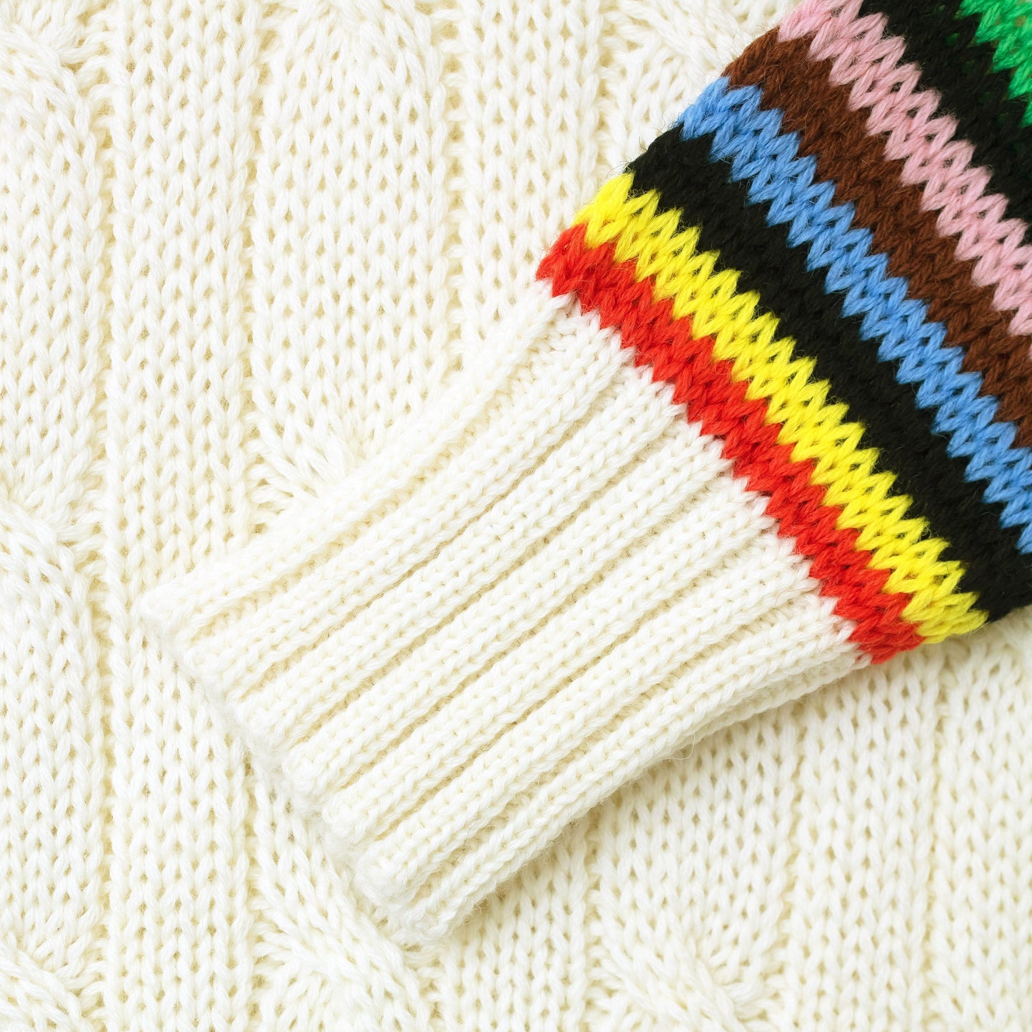 Detail of the cable knit sweater sleeves.