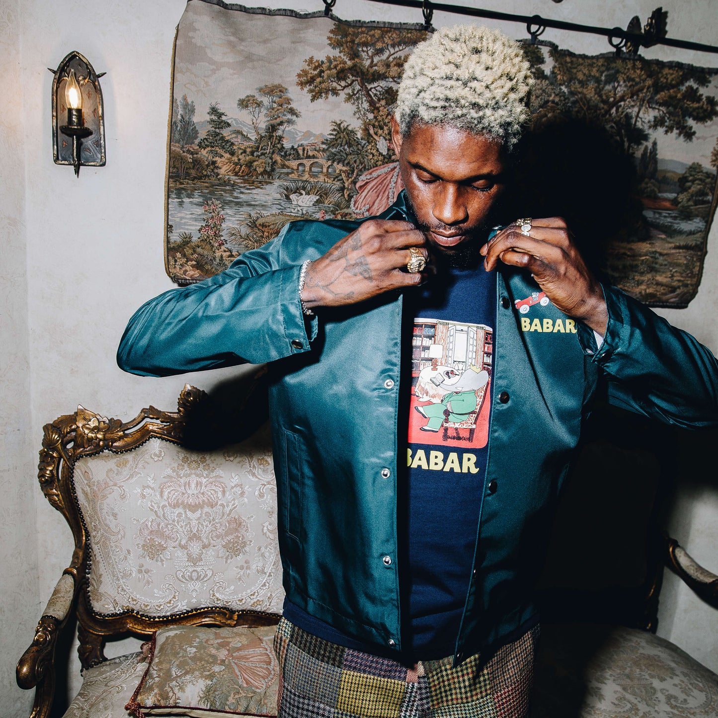 A$AP Nast wearing the green Babar Coach's Jacket.