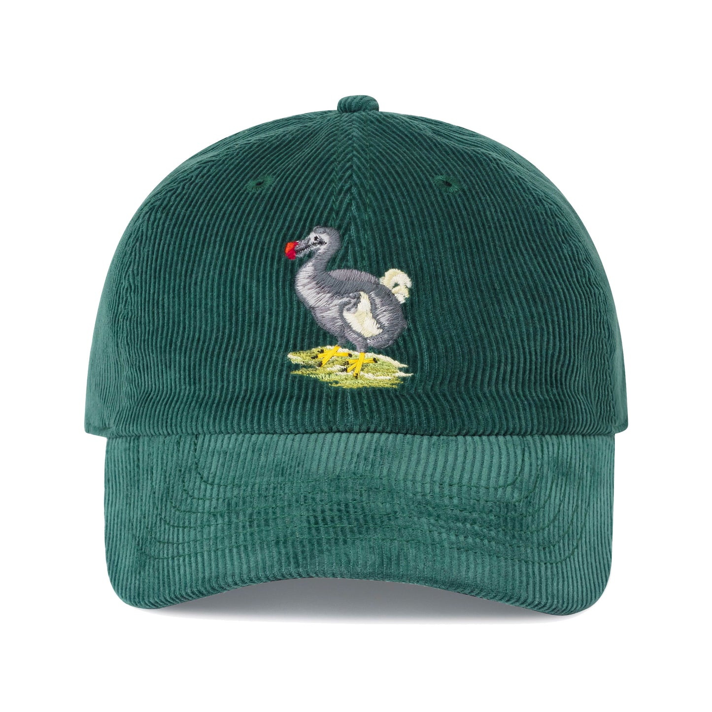 Green corduroy hat with with satin-stitched dodo bird motif.