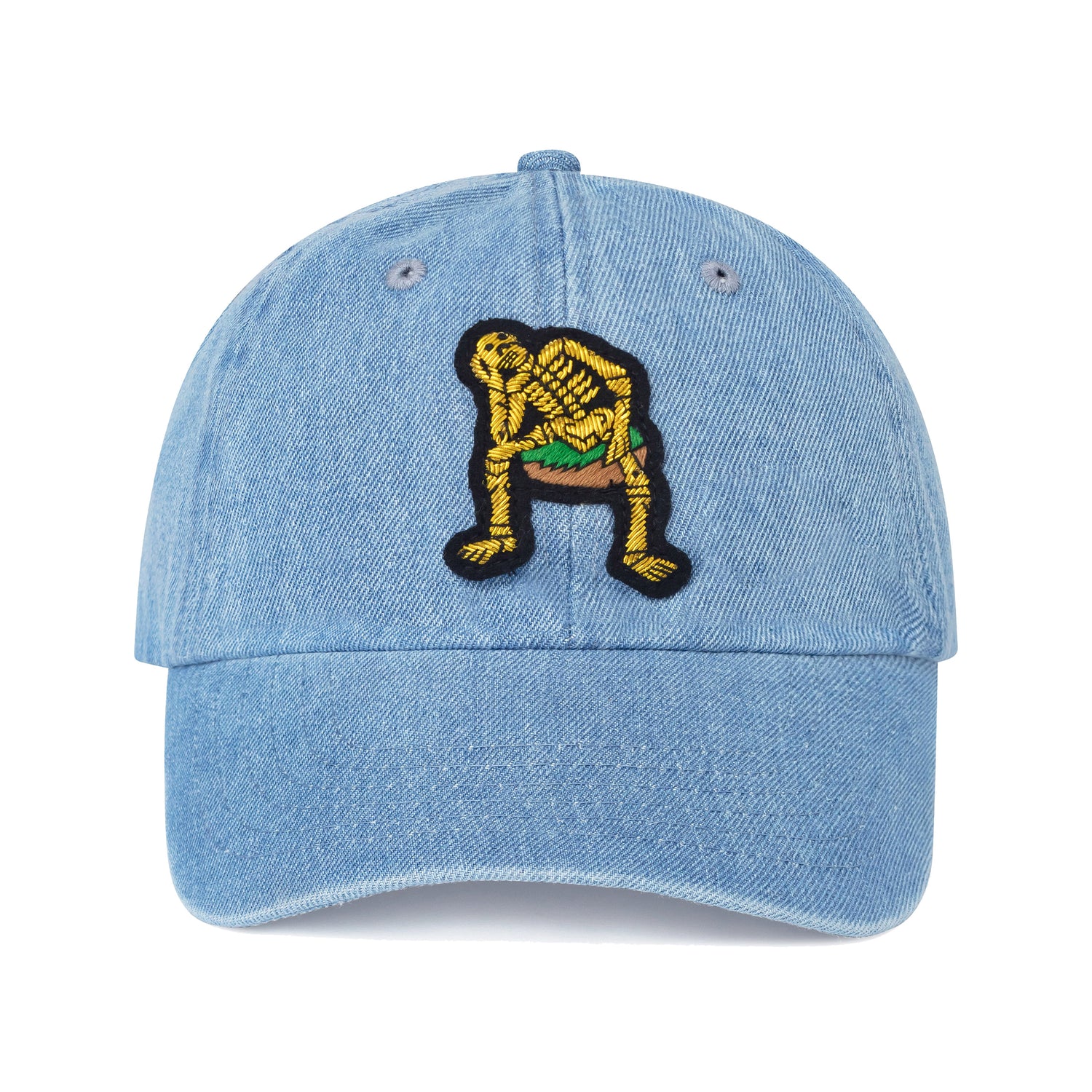 Light blue denim hat with hand-embroidered wire bullion Derry Bones badge.