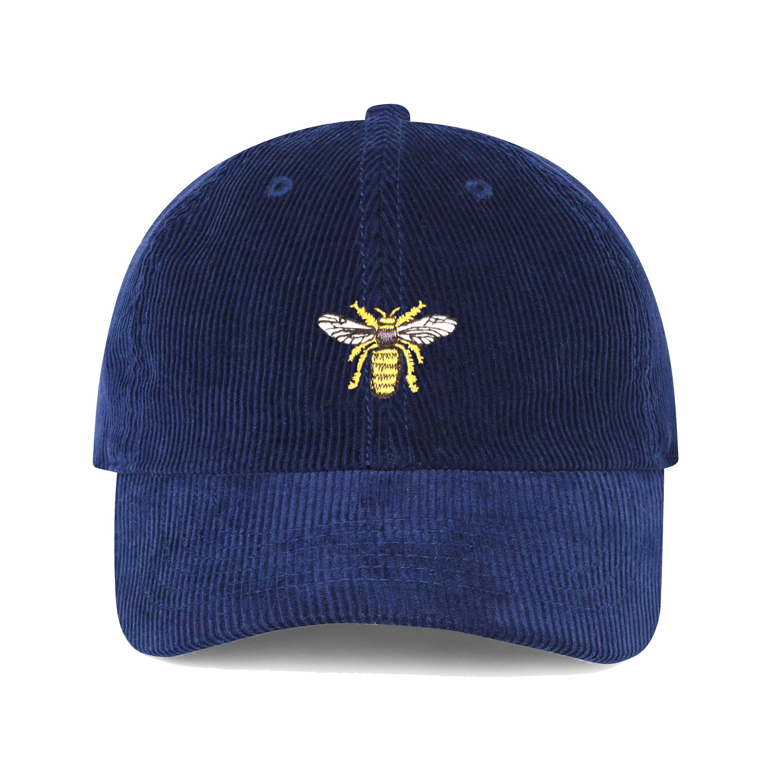 Navy Corduroy hat with satin-stitched drone bee motif.