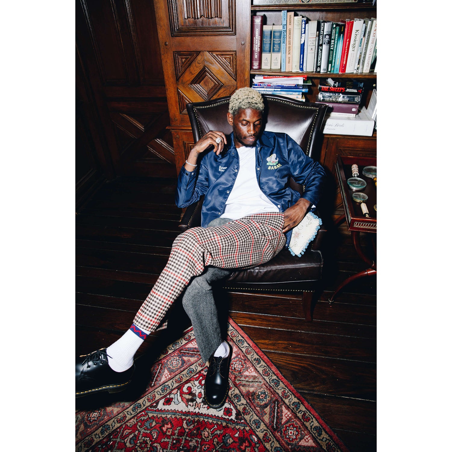 A$AP Nast wearing the navy Babar Coach's Jacket.