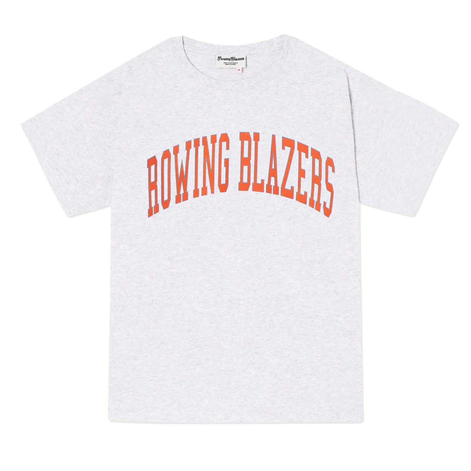 Classic light heather gray collegiate tee with "Rowing Blazers" across the front in orange.