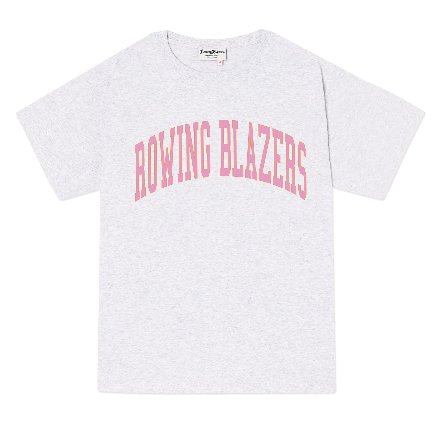Classic light heather gray collegiate tee with "Rowing Blazers" across the front in pink.