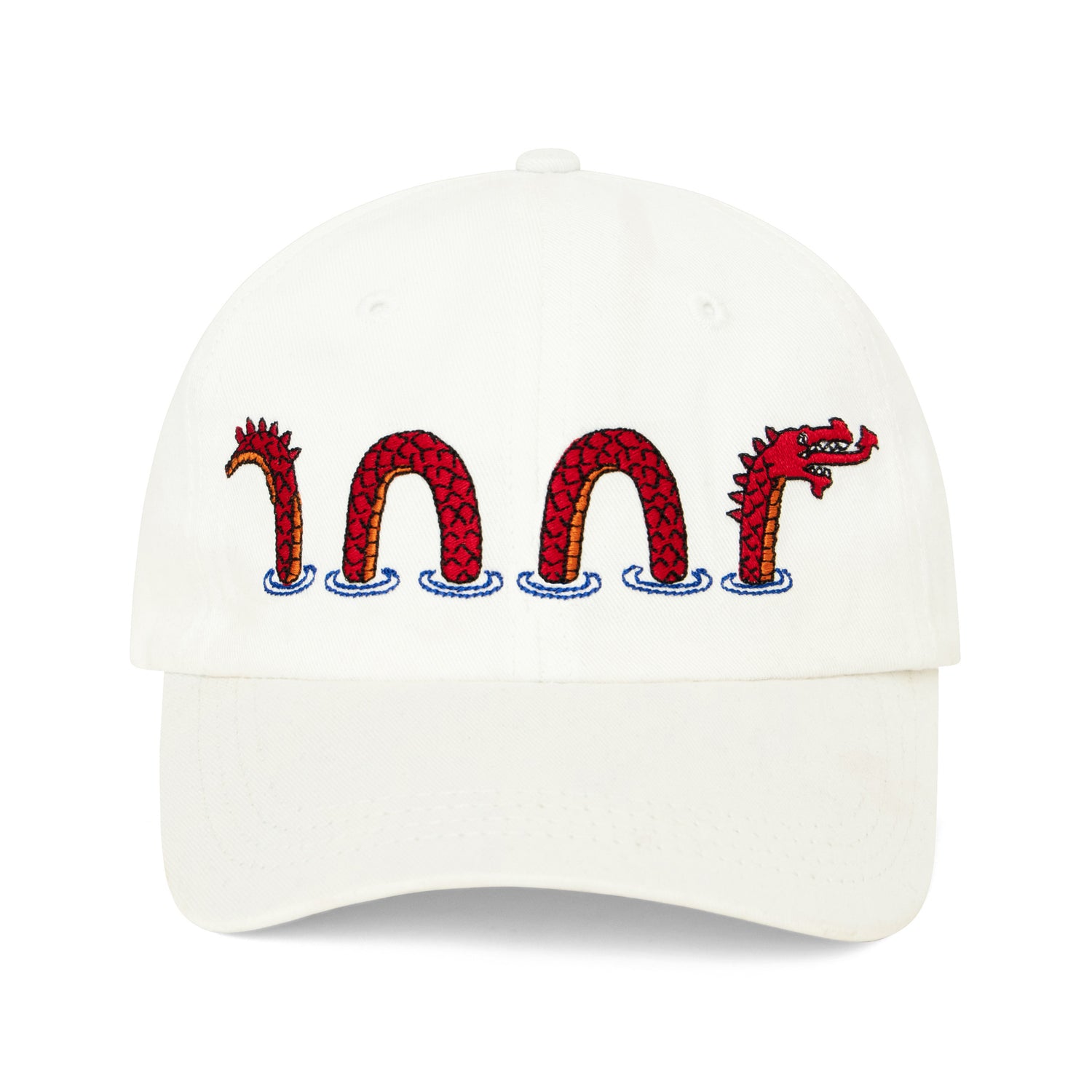 White hat embroidered with red Loch Ness Monster motif.