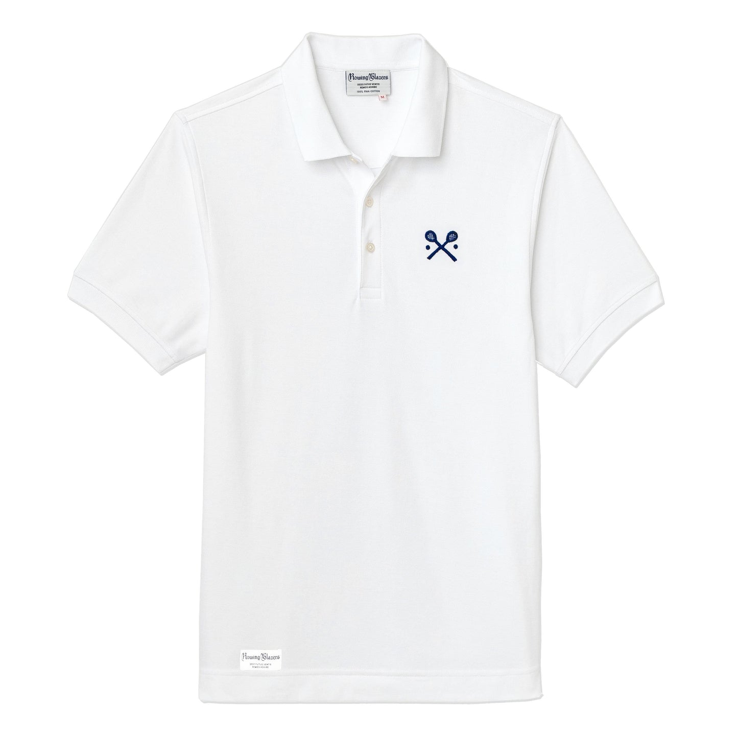 White polo jersey with embroidered crossed racquets motif.