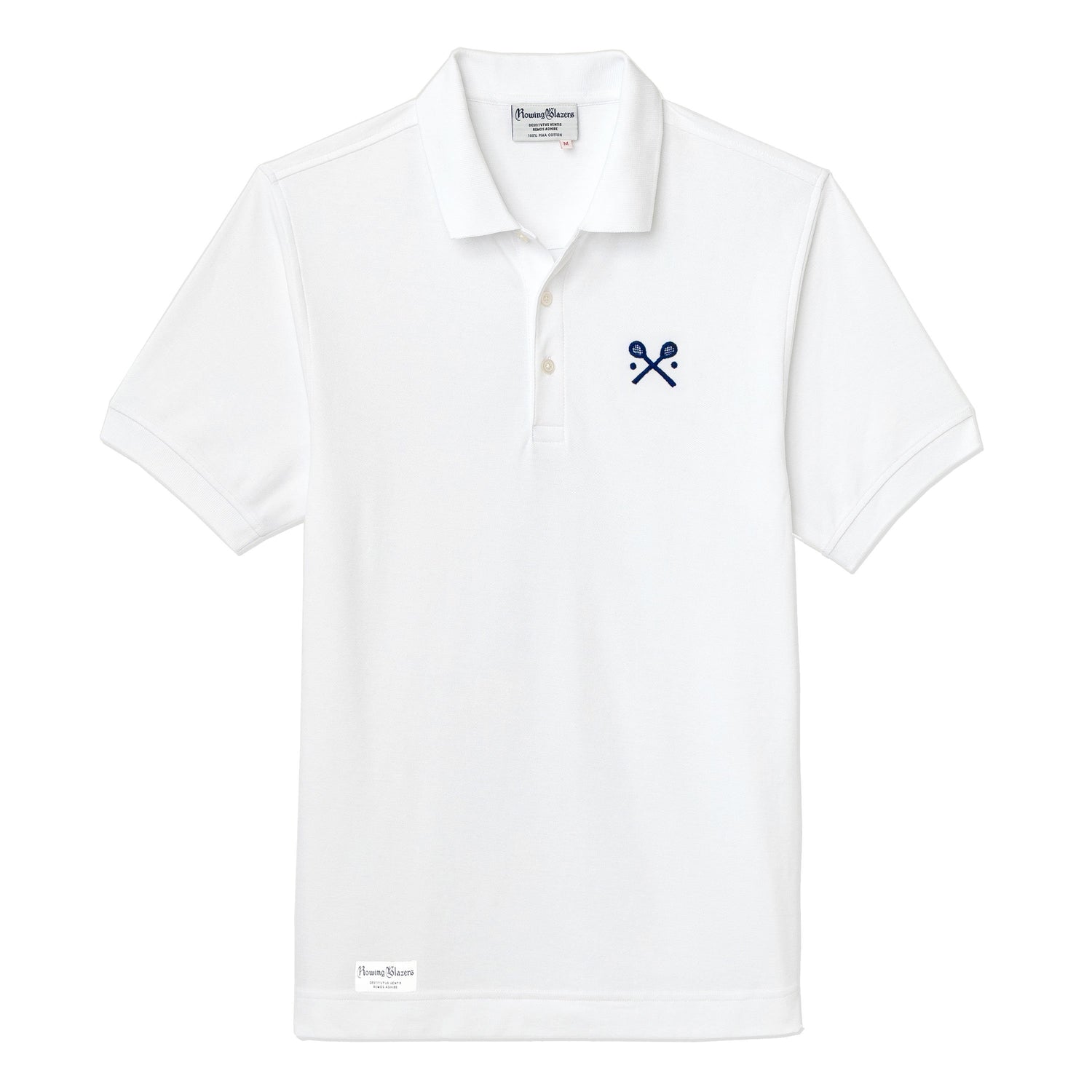 White polo jersey with embroidered crossed racquets motif.