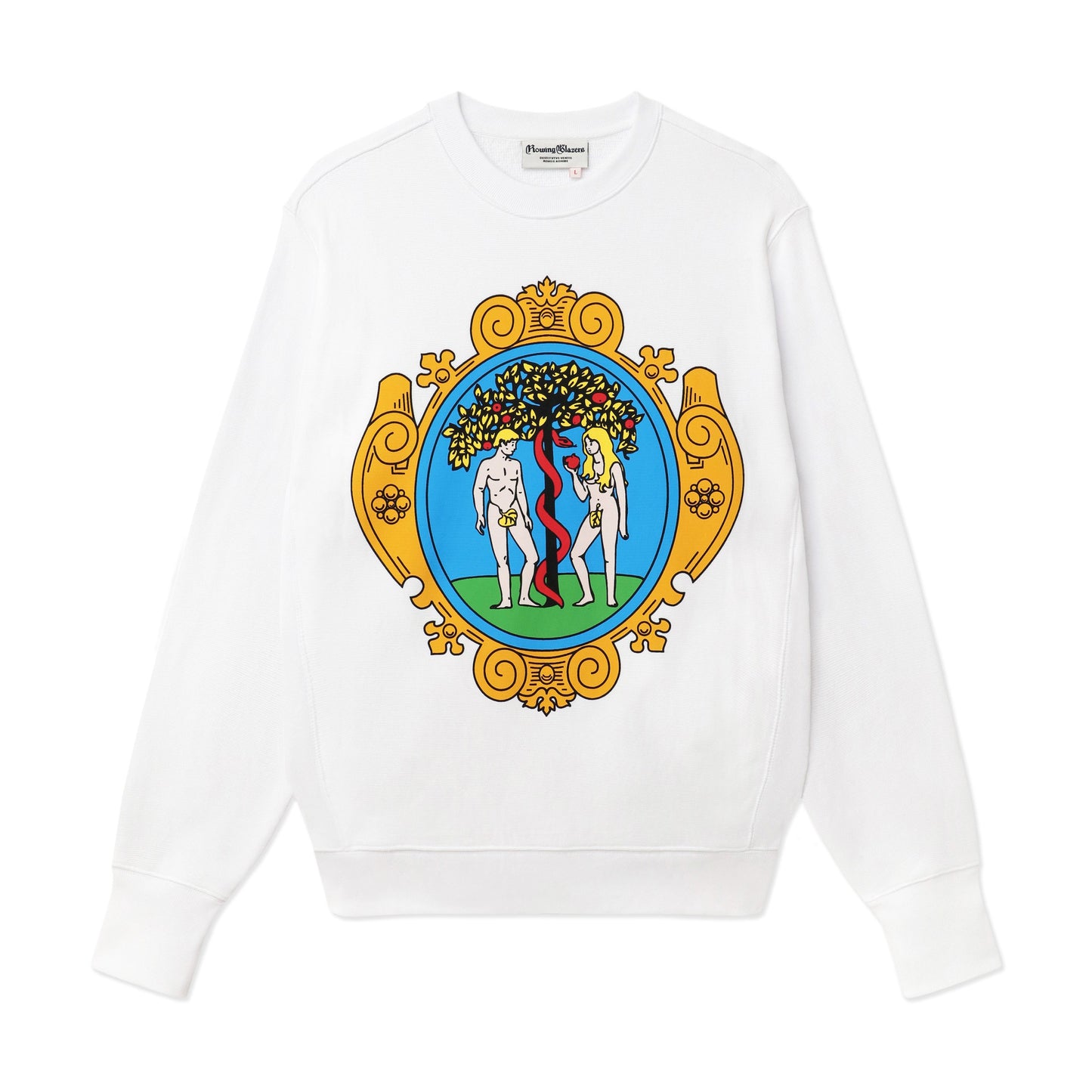 White crewneck screenprinted with Adam & Eve Athletic Club graphic.