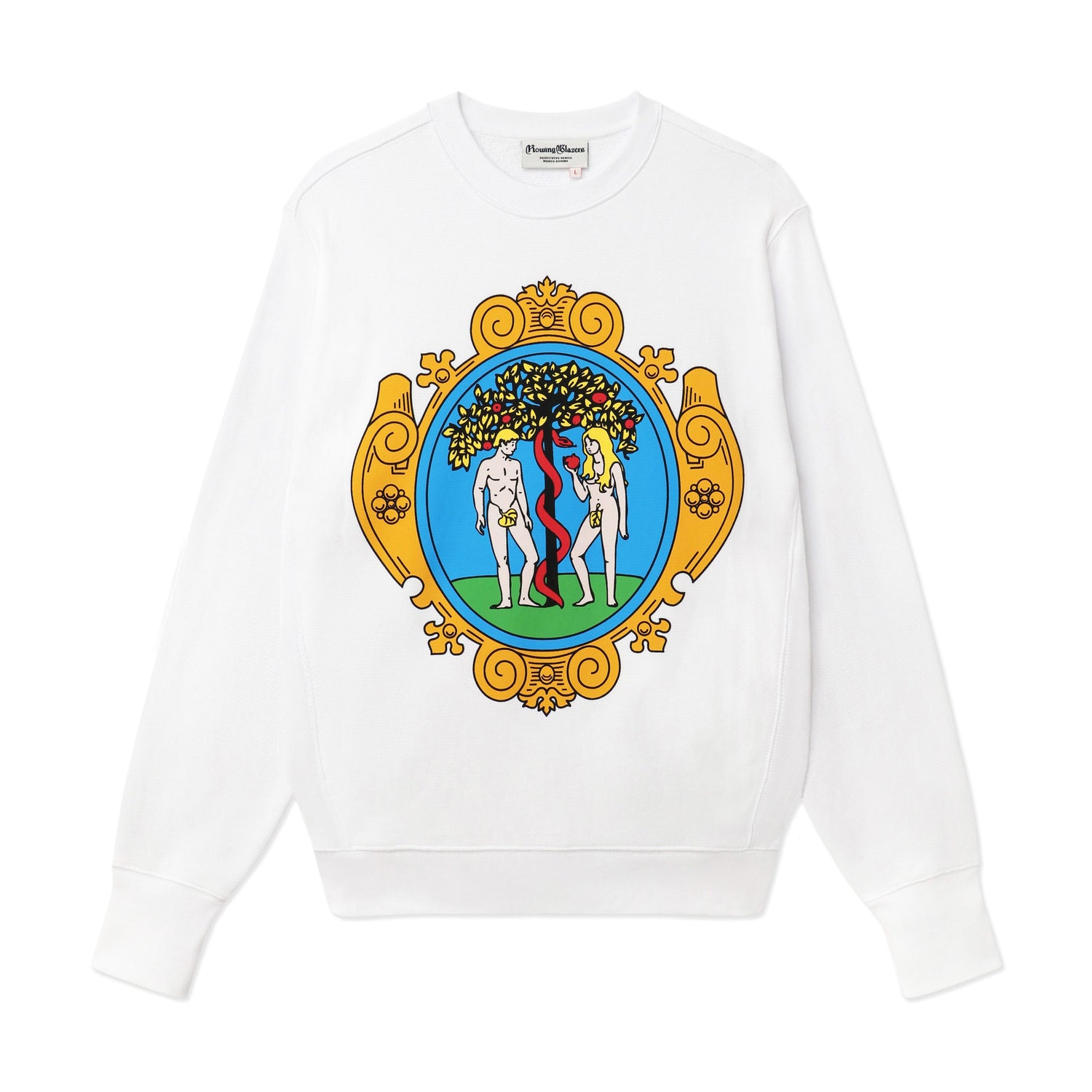 White crewneck screenprinted with Adam & Eve Athletic Club graphic.