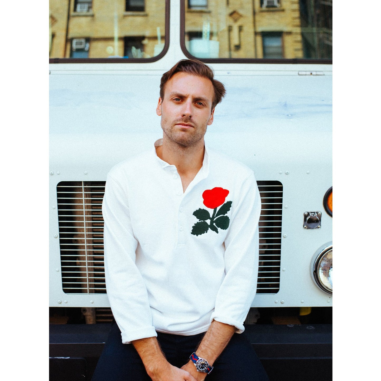Male model wearing the England 1871 Rugby.