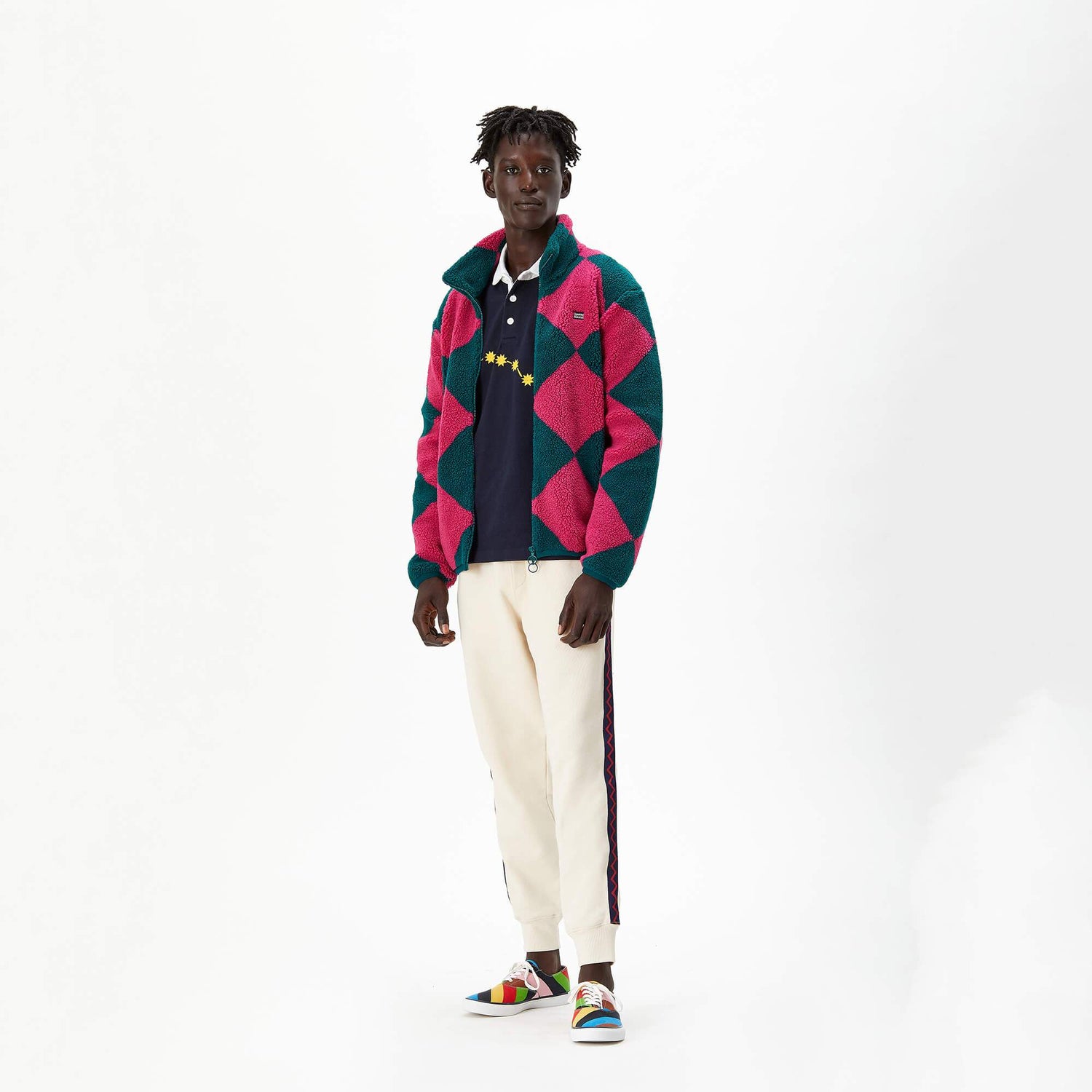 Male model wearing the Harlequin "Jockey" Fleece.