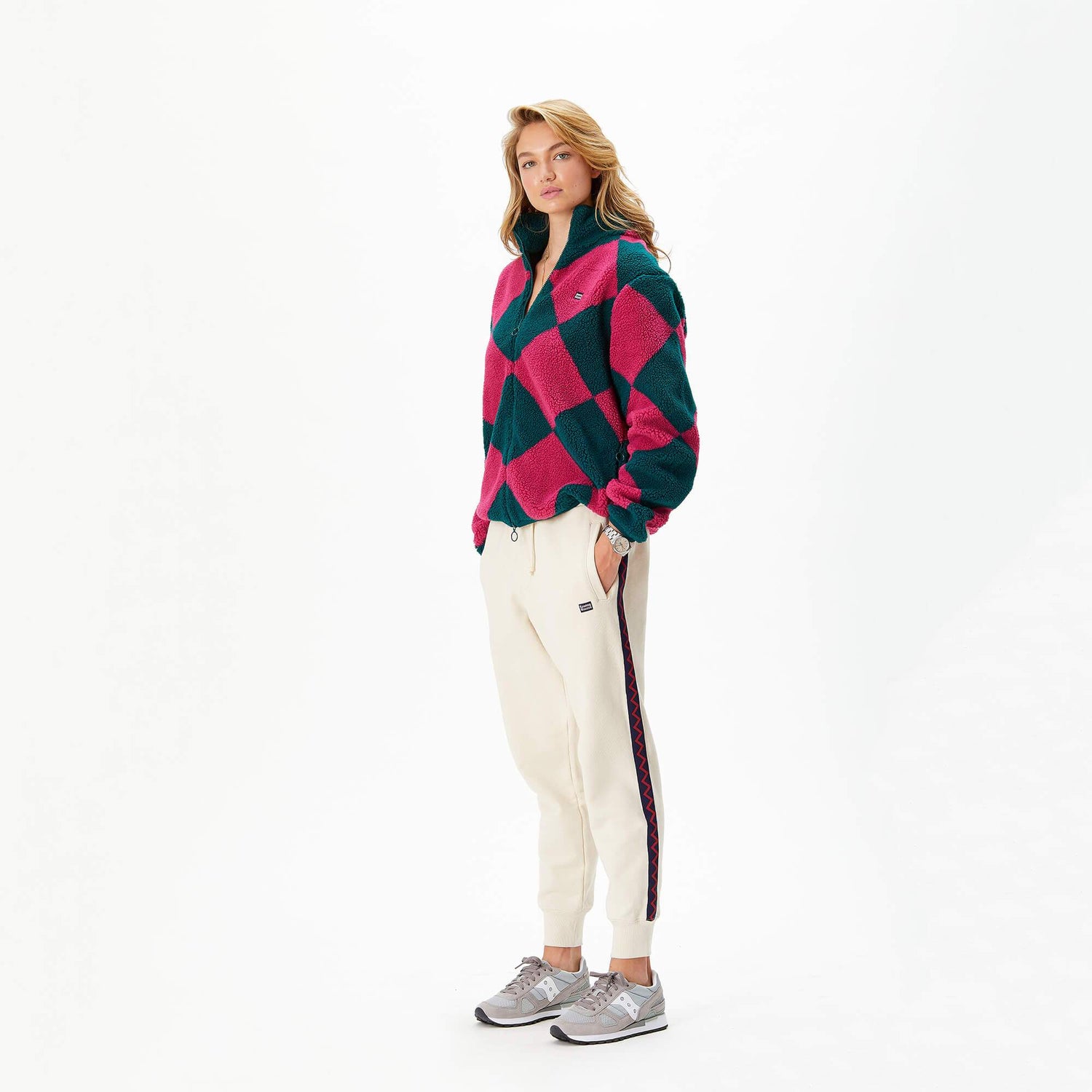 Female model wearing the Harlequin "Jockey" Fleece.