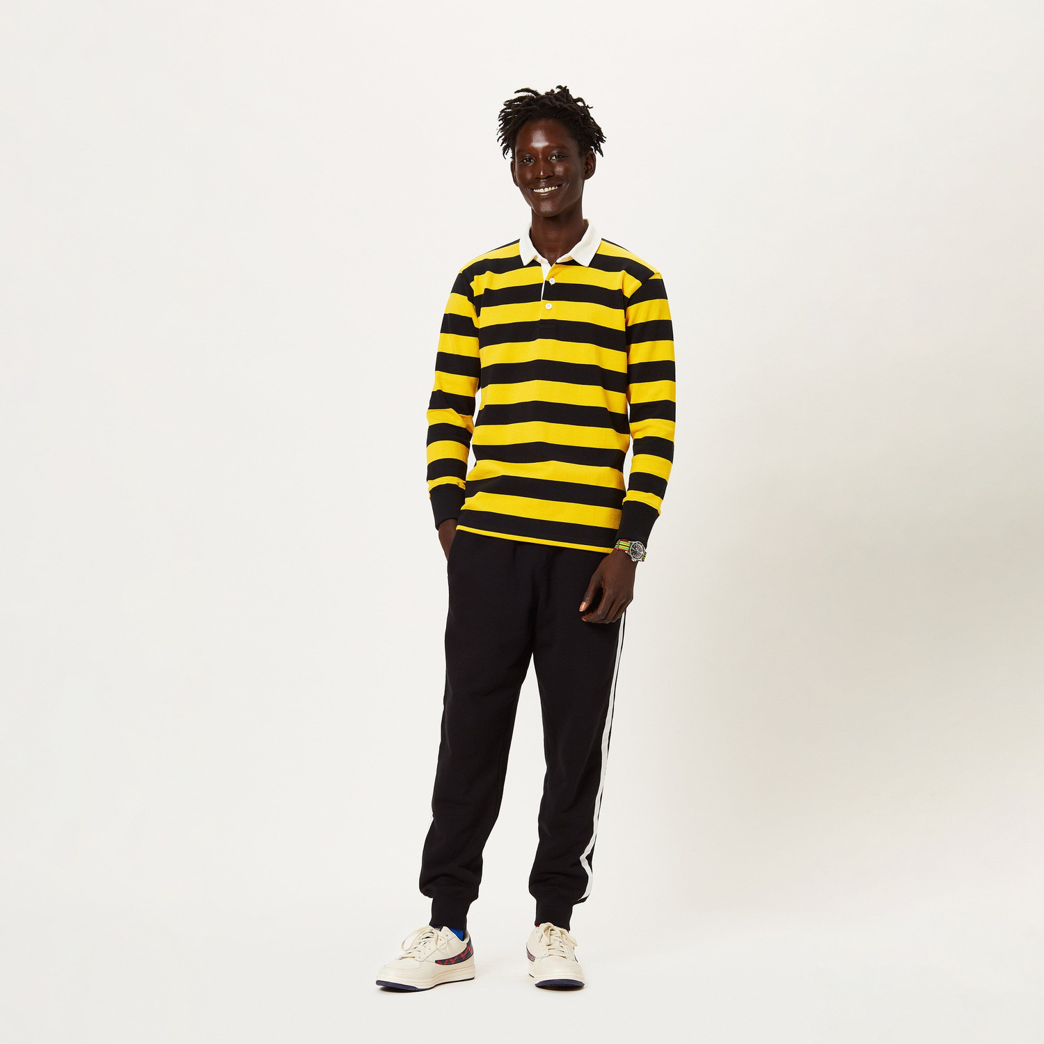 Male model wearing the Jagger Stripe Rugby.