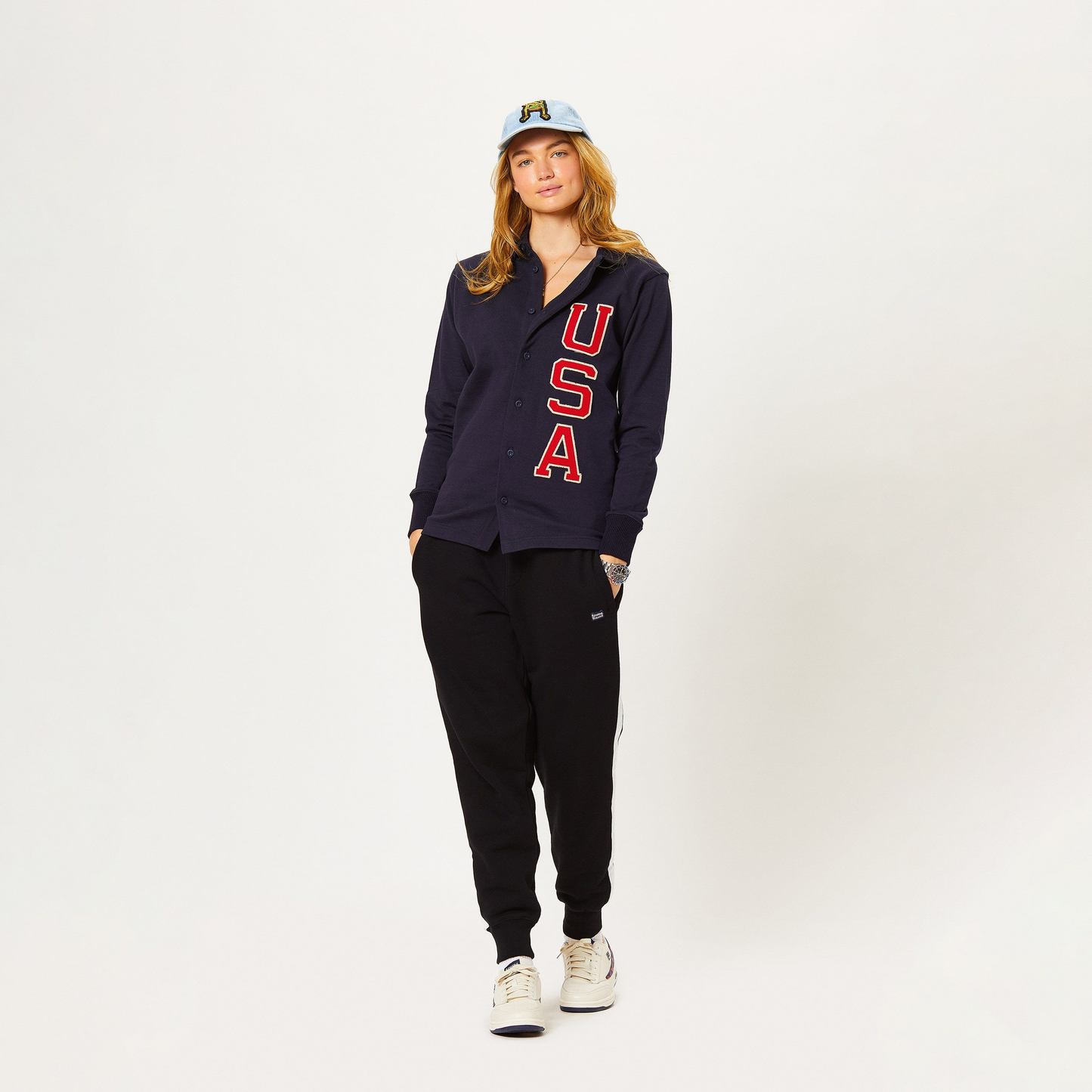 Female model wearing the Authentic Heavyweight USA Rugby Overshirt.