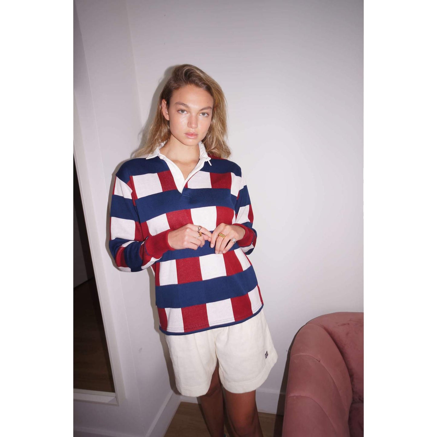 Female model wearing the Jacquard Rugby.