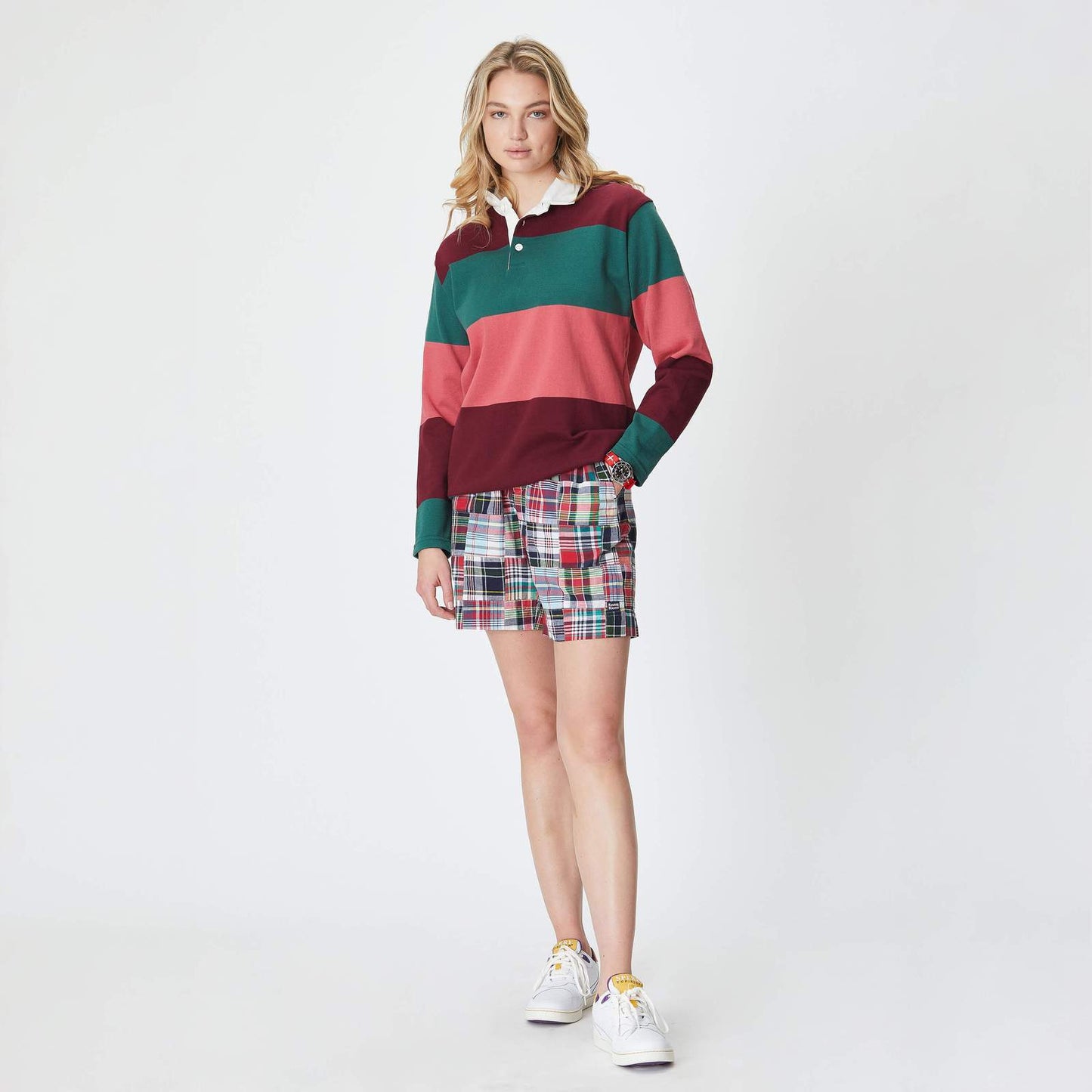 Female model wearing the Mossley Rugby.