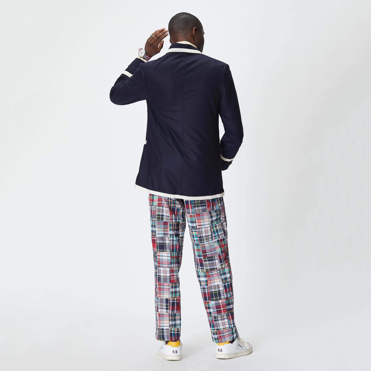 Navy Wool Flannel Blazer with Cream Grosgrain Trim