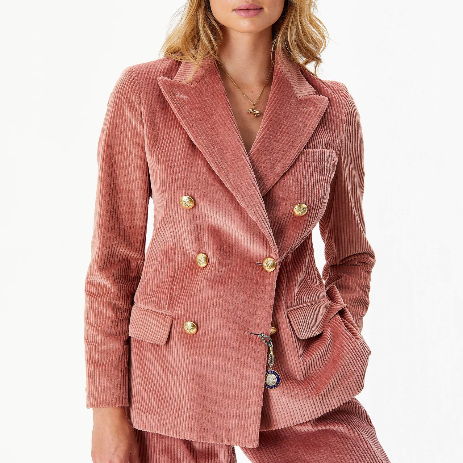 Female model wearing the "Dusty Rose" Pink Corduroy Diana Blazer.