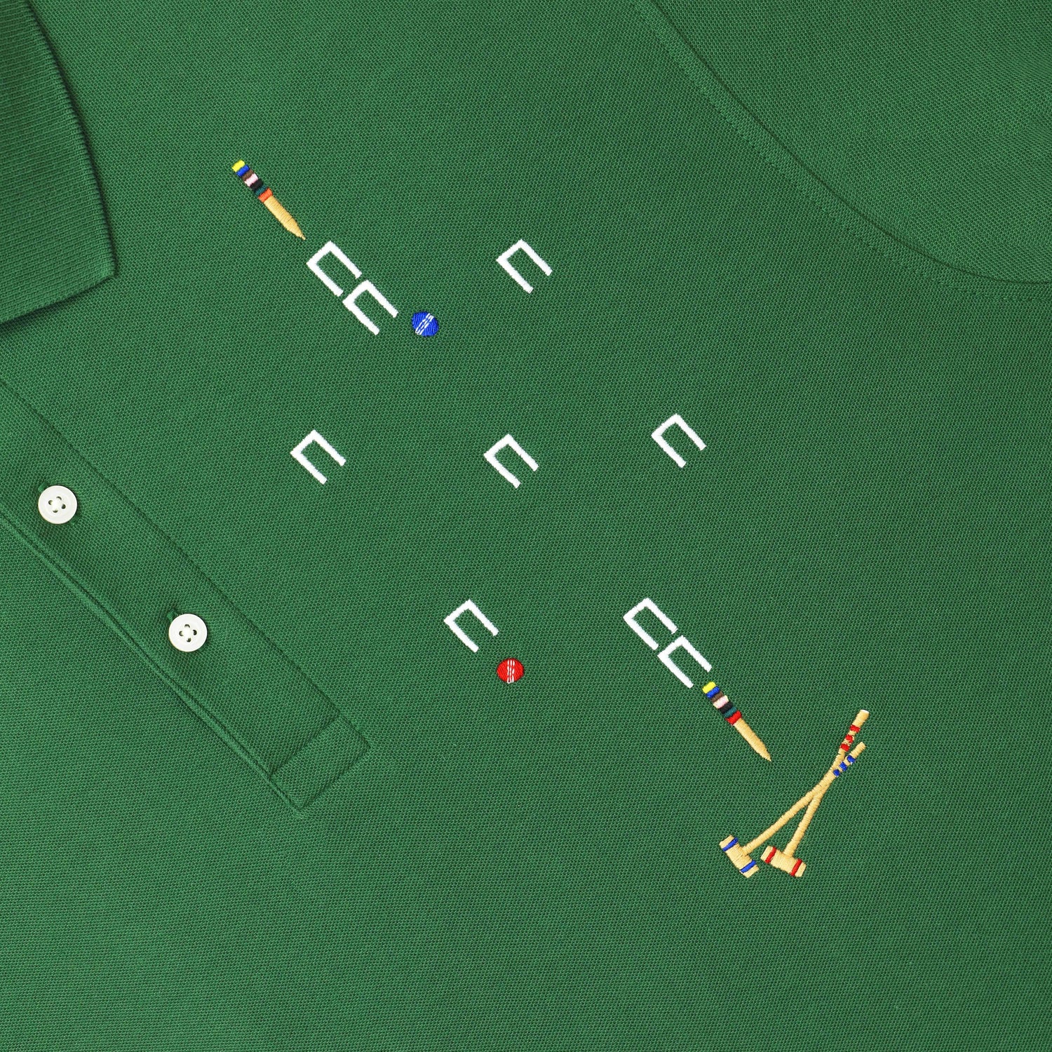 Detail of satin stitched croquet court motif.