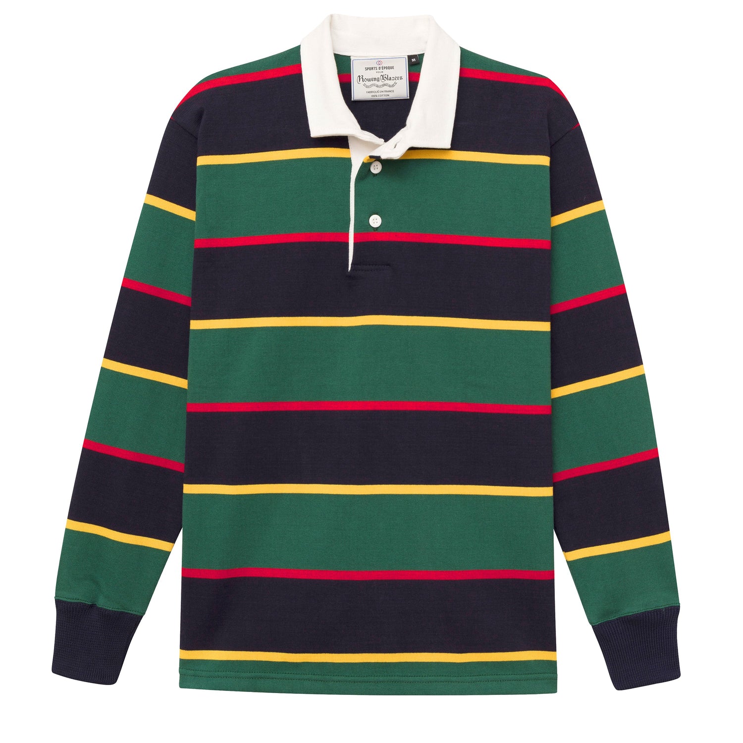 Rugby jersey with green, red, navy and yellow horizontal stripes.