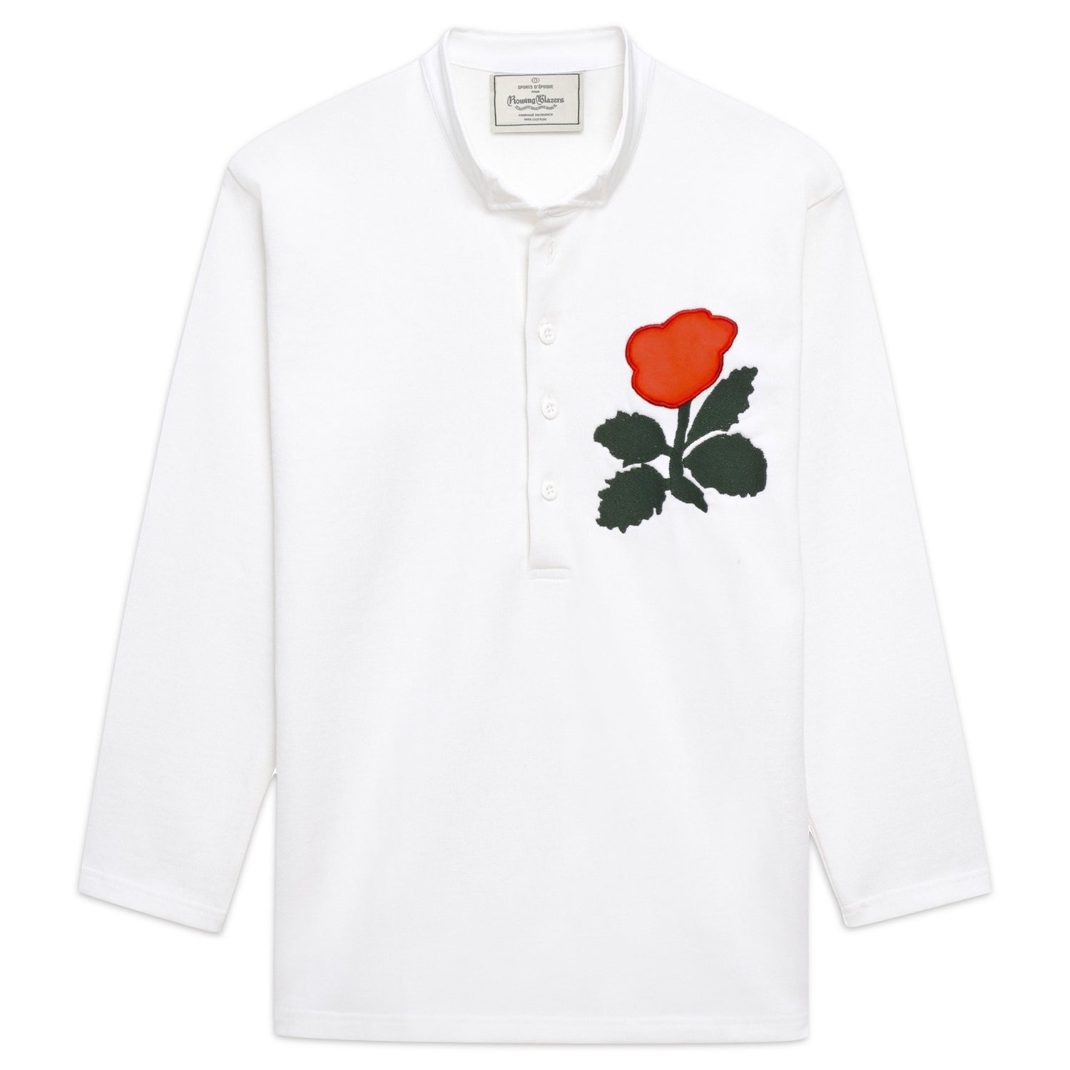 White rugby jersey with embroidered rose.