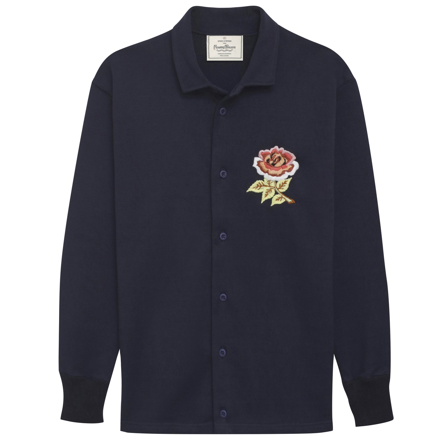 Navy blue rugby overshirt with intricately embroidered rose.