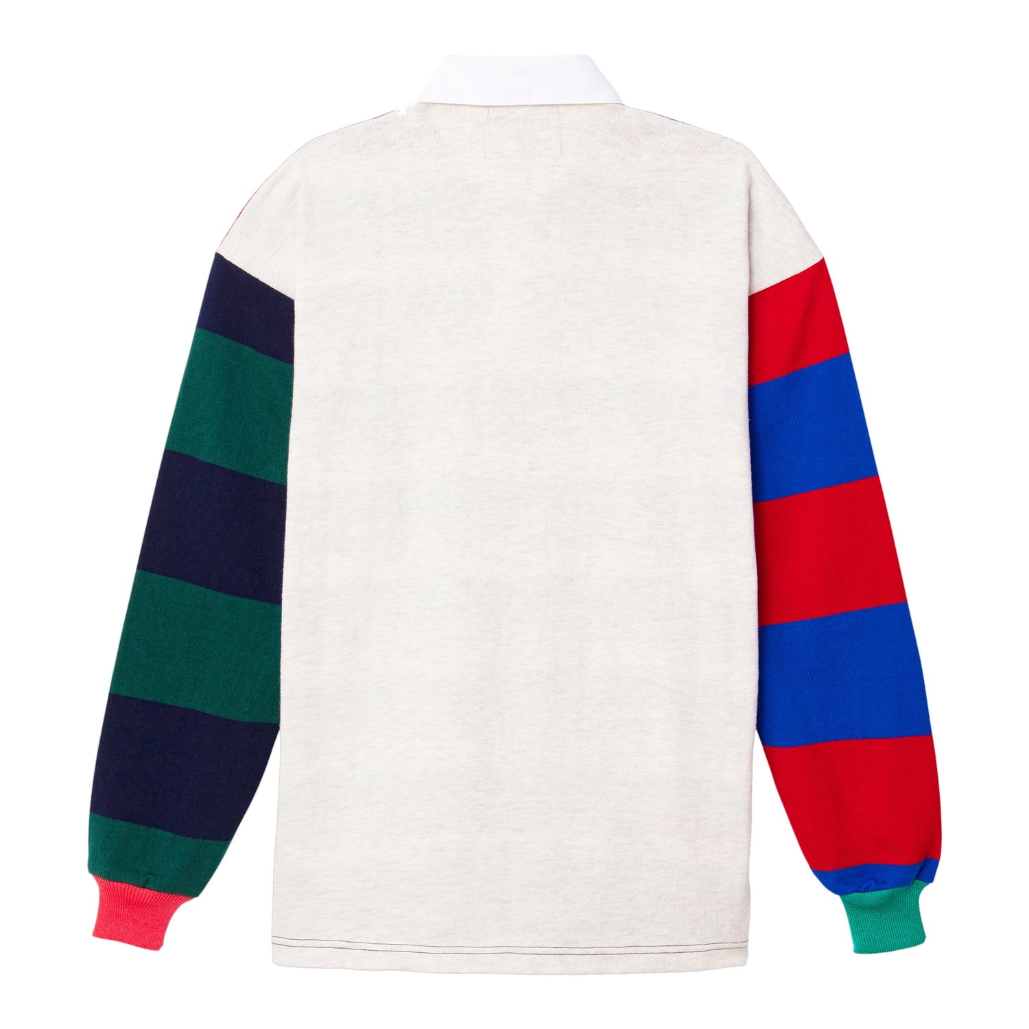 Back of one-of-one striped rugby shirt made from leftover fabric. Each is unique.