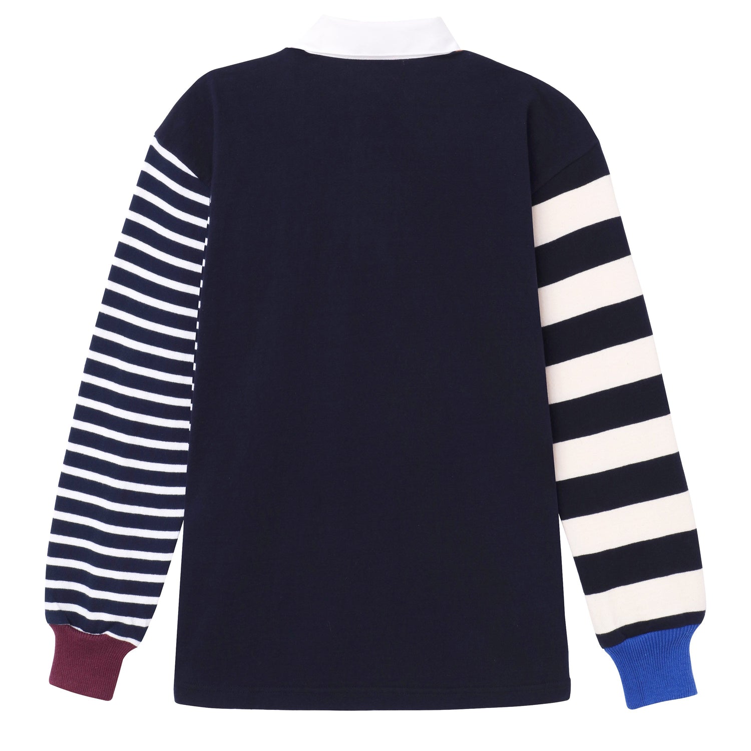 Back of one-of-one striped rugby shirt made from leftover fabric. Each is unique.