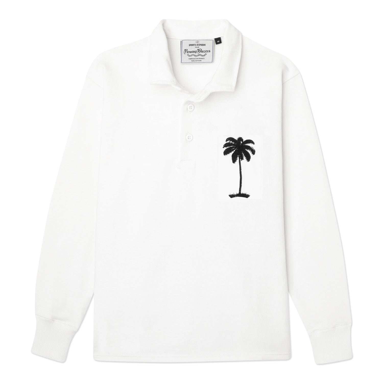 White rugby with stitched palm tree patch.