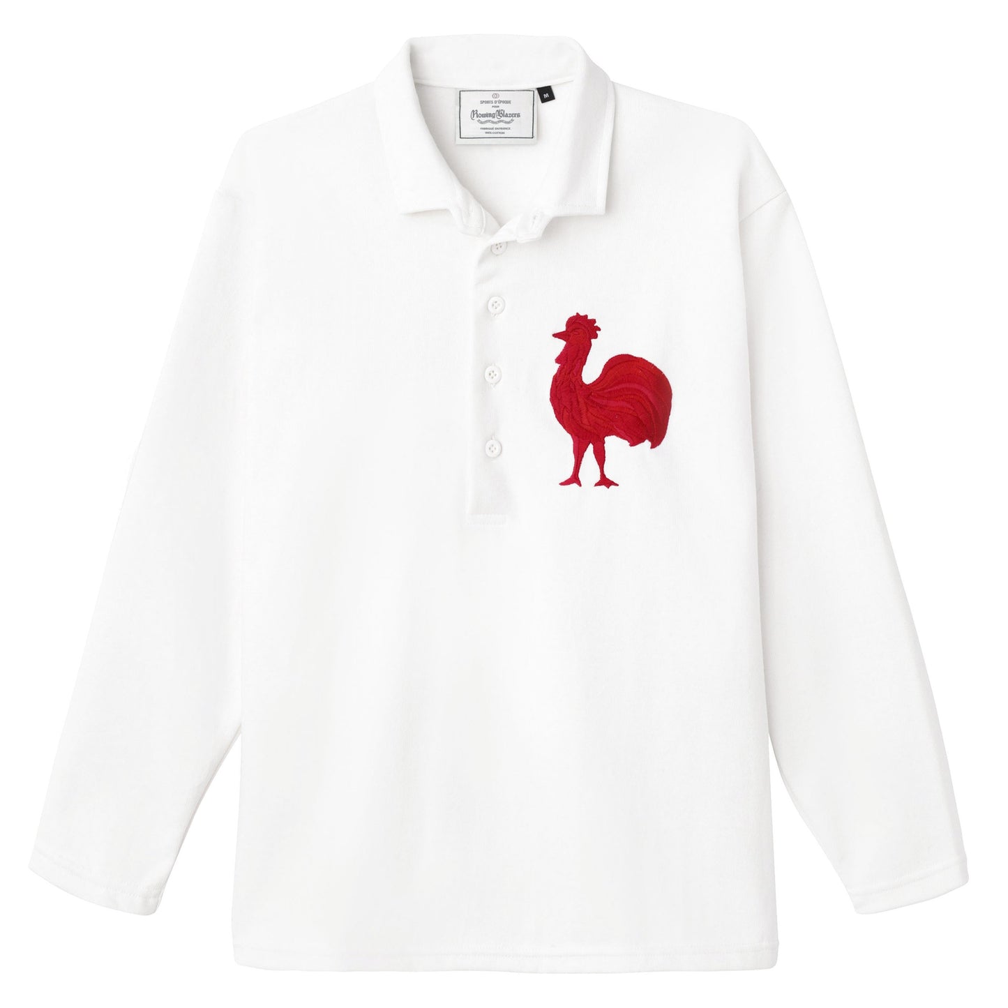 White rugby jersey with detailed, satin-stitch embroidered Gallic Rooster.