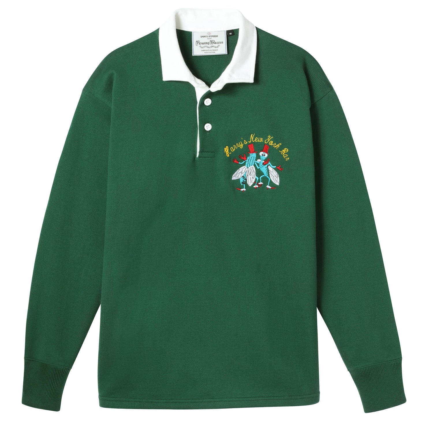 Bottle-green rugby jersey embroidered with Harry's famous bar flies motif.
